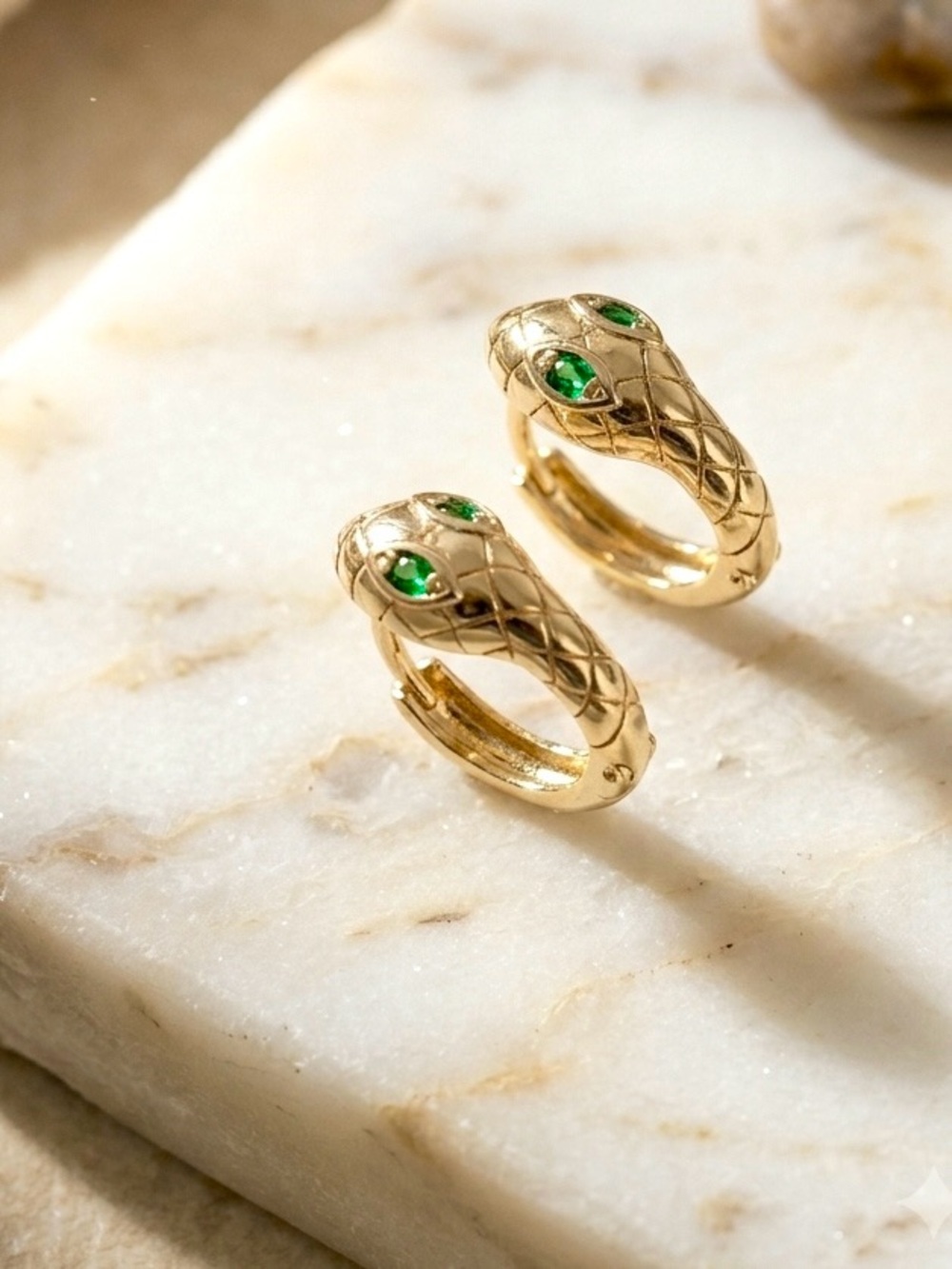 14K Gold Plated Serpent Hoop Earrings with Green CZ Accents | Minimalist Jewelry